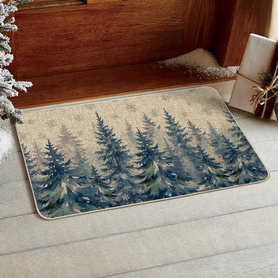 Sm:)e Pine Tree Snowflake Christmas Doormat 17x29 Inch, Non Slip Linen Door Mat Inside Washable Entryway Carpet Rug for Porch Patio Hallway, Blue