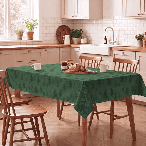 Sm:)e Pine Tree Snowflake Christmas Tablecloth 60x84 Inch, Yarn-Dyed Woven Monochrome Jacquard Table Cover for Dining Decor, Rectangle, Green