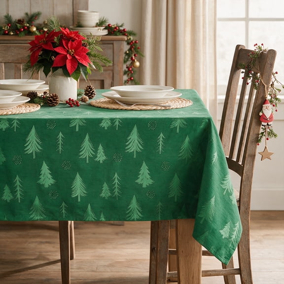 Sm:)e Pine Tree Snowflake Yarn Dyed Jacquard Woven Christmas Tablecloth 60x84 Inch, for Dining Decor, Rectangle, Green