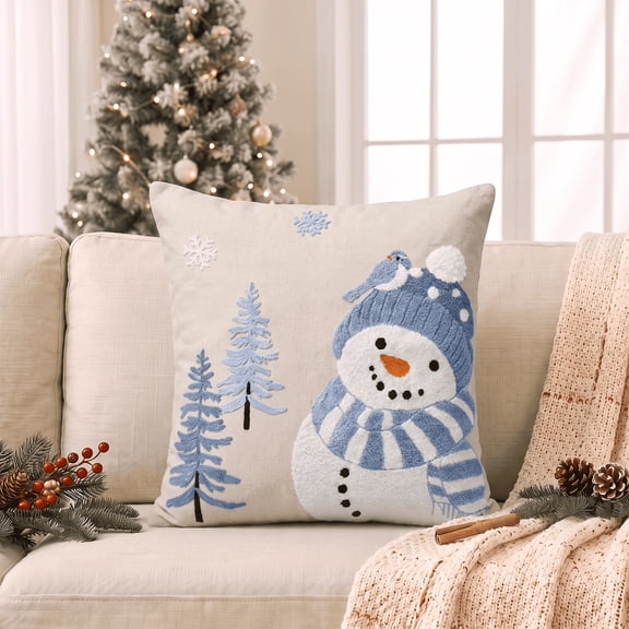 Sm:)e Pine Tree Snowman Snowflakes Christmas Throw Pillow Covers 18x18 Inch, Soft Plush Faux Fur 3D Embroidered Decorative Cushion Covers for Sofa Home Decor