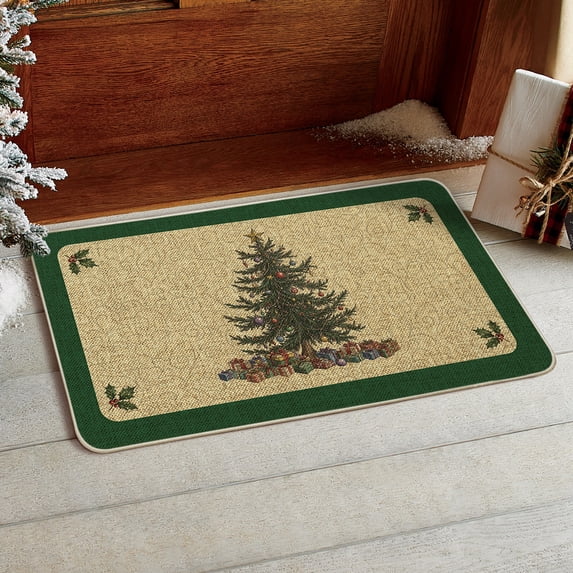 Sm:)e Pine tree Star Christmas Doormat 17x29 Inch, Non Slip Linen Door Mat Inside Washable Entryway Carpet Rug for Porch Patio Hallway