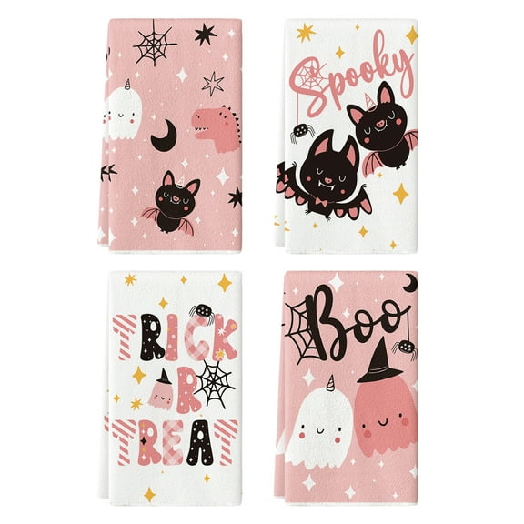Sm:)e Pink Boo Spooky Ghost Halloween Kitchen Dish Towels 18 x 26 Inch Set of 4