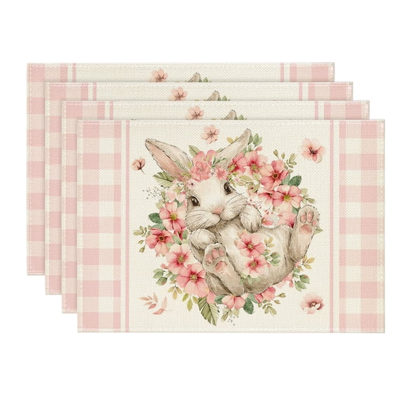 Sm:)e Pink Buffalo Plaid Bunny Rabbit Flower Easter Placemats Set of 4, 12x18 Inch Seasonal Spring Table Mats for Party Kitchen Dining Decoration