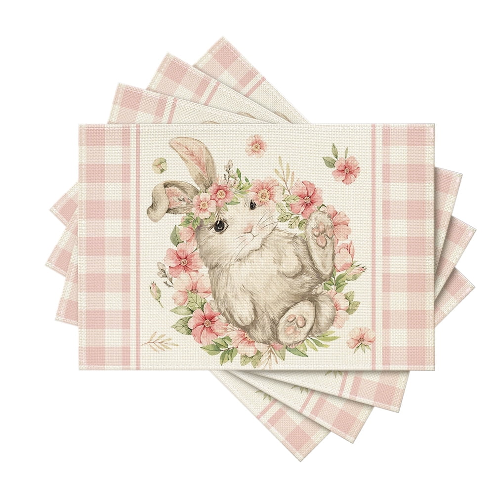 Pink Rabbit Mat Sm:)e Pink Buffalo Plaid Bunny Rabbit Flower Easter Placemats Set of 4 ...