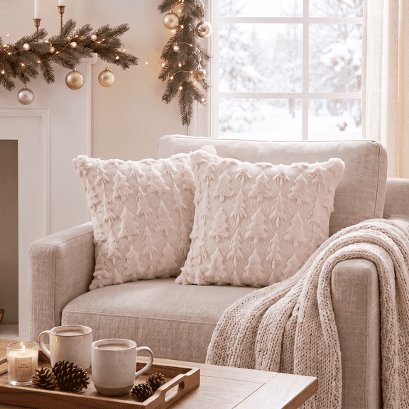 Sm:)e Pink Christmas Tree Soft Plush Faux Fur Pillow Covers 18x18 Inch Set of 2 Outdoor Sofa Holiday Festivals Winter Home Decor