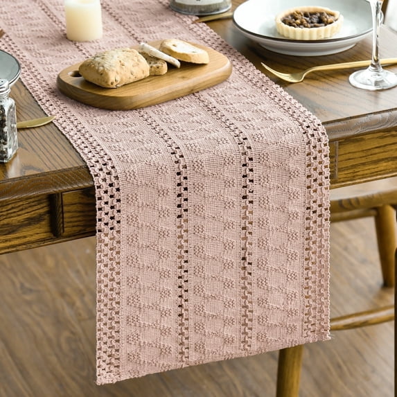Sm:)e Pink Farmhouse Woven Rustic Hollow Table Runner, Boho Table Runner 12x48 Inch, Dining Kitchen Home Decor
