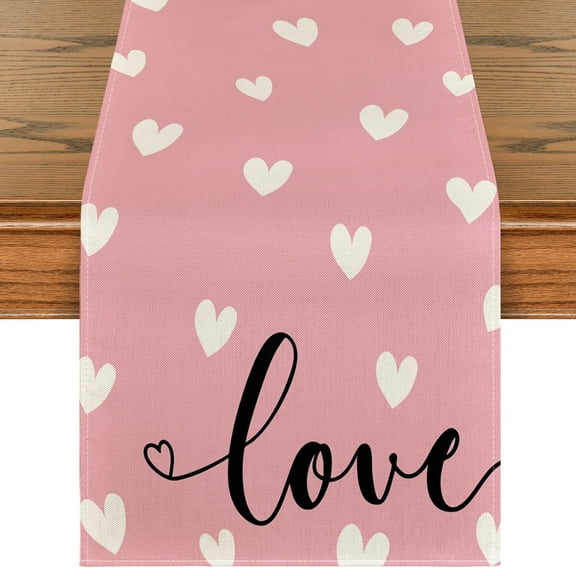 Sm:)e Pink Love Heart Valentine Table Runner 13 x 72 Inch, Holiday Home Kitchen Dining Table Decoration