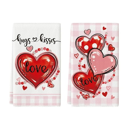 Sm:)e Pink Red Polka Dot Heart Love Valentine's Day Kitchen Towels Dish Towels, 18x26 Inch Hand Towels Set of 2