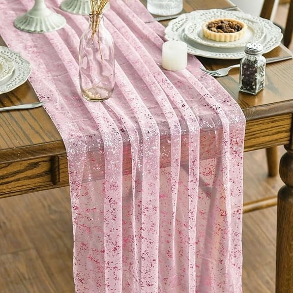 Sm:)e Pink Silk Screen Stamping Gauze Table Runner 120 Inch 10FT, Glitter Metallic Foil Sheer Chiffon Table Decor for Wedding Anniversary Birthday Outdoor Home Party Table