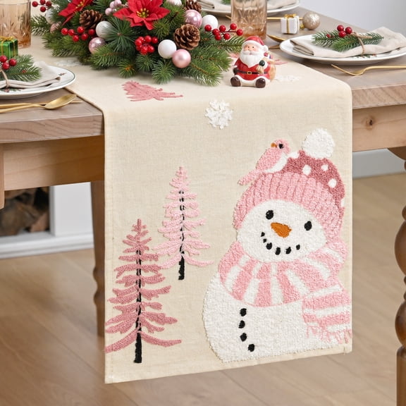Sm:)e Pink Snowman Christmas Tree Snowflake Soft Chain Embroidery Christmas Table Runner 13x72Inch