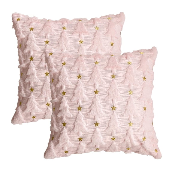 Sm:)e Pink Star Pine Tree Christmas Pillow Covers 18x18 Inch Set of 2, Faux Fur Soft Cushion Cover for Sofa Winter Home Decor