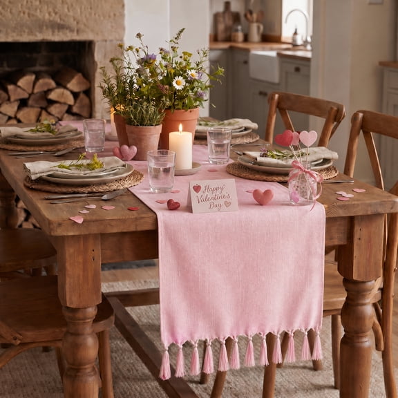 Sm:)e Pink Tassel Table Runner, 13x72 Inch, Boho Linen Blend Rustic Farmhouse Style, Holiday Wedding Party Kitchen Table Decor
