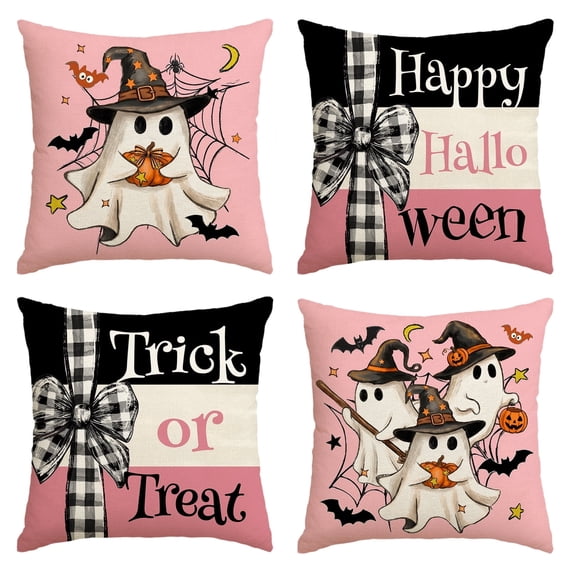 Sm:)e Pink Trick or Treat Ghost Pumpkin Happy Halloween Pillow Covers 18x18 Inch Set of 2, Cushion Covers for Sofa Home Decor