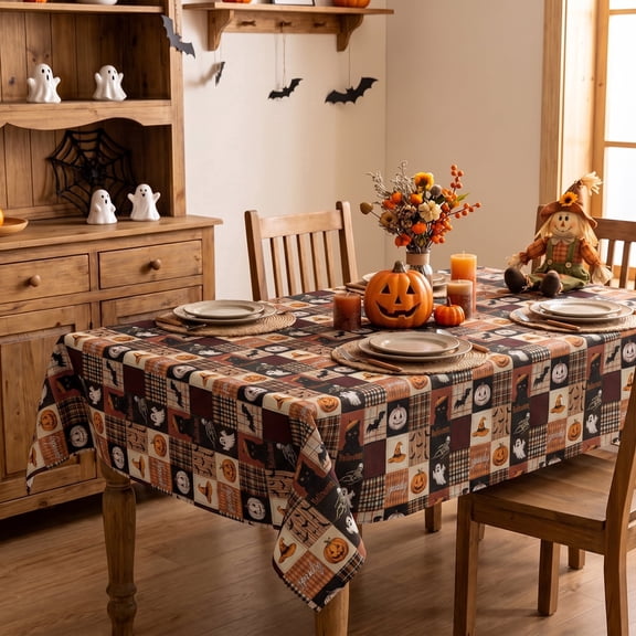 Sm:)e Plaid Ghost Pumpkin Bat Skeleton Halloween Tablecloth 60x84 Inch, Wrinkle-Resistant & Machine Washable Table Cover for Dining Decor, Rectangle