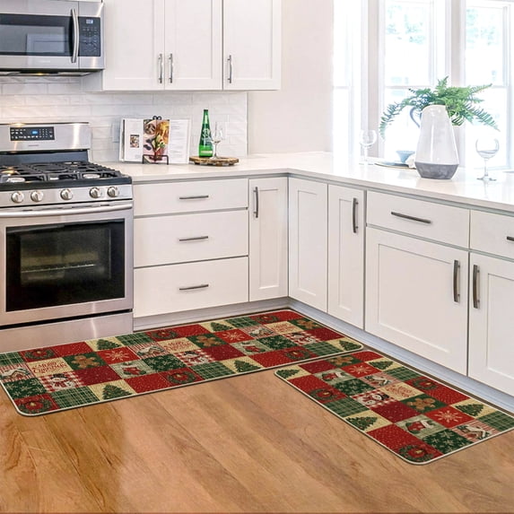 Sm:)e Plaid Gingerbread Man Snowman Christmas Kitchen Rugs and Mats, 17x29Inch and 17x47 Inch, Non Slip Linen Mat Inside Washable for Porch Patio Hallway