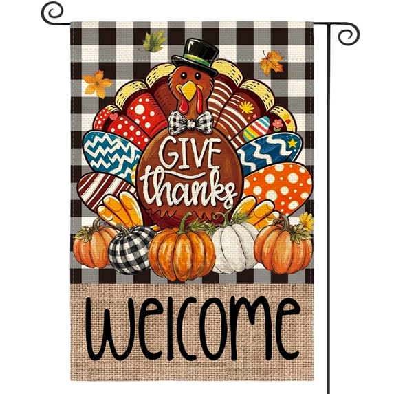 Sm:)e Plaid Pumpkin Turkey Maple Leaf Corn Thanksgiving Garden Flag 12 x 18 Inch, Double-Sided Printing, Outdoor Welcome Decor for Yards