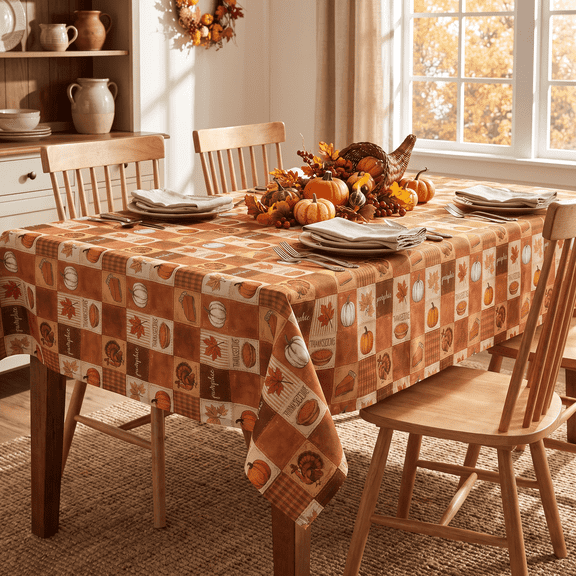 Sm:)e Plaid Turkey Pumpkin Maple Leaf Thanksgiving Tablecloth 60x84 Inch, Wrinkle-Resistant & Machine Washable Table Cover for Dining Decor, Rectangle