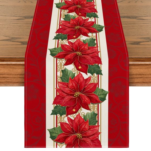 Sm:)e Poinsettia Christmas Table Runner for Xmas Winter 13 x 60 Red