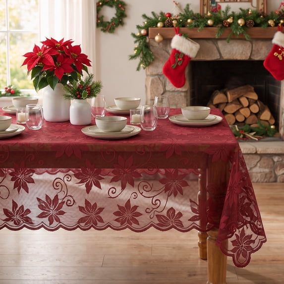 Sm:)e Poinsettia Embroidery Lace Tablecloth 60x84 Inch, Red, Vintage Floral Fabric Classy Vintage Reception Decor