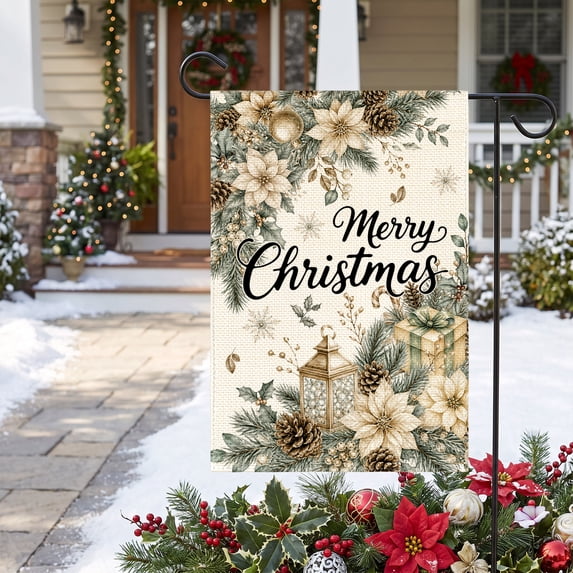 Sm:)e Poinsettia Vintage Lantern Christmas Garden Flag 12 x 18 Inch, Double-Sided Printing, Outdoor Welcome Decor for Yards