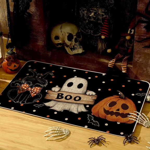 Sm:)e Polka Dot Black Cat, Jack-O'-Lantern, Ghost Halloween Welcome Doormat, 17x29 Inch