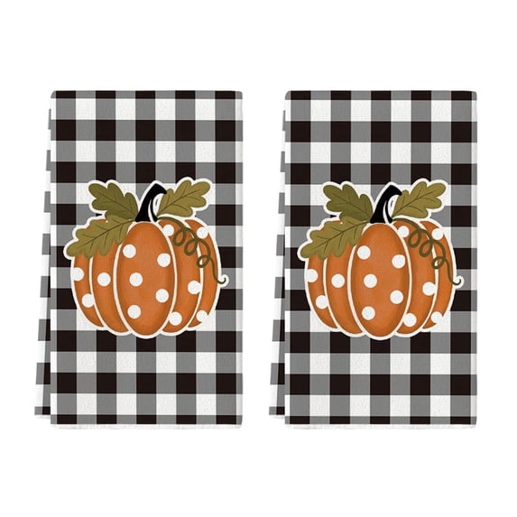 Sm:)e Polka Dot Pumpkin Stripes Fall Kitchen Dish Towels 18x26 Inch Set of 2