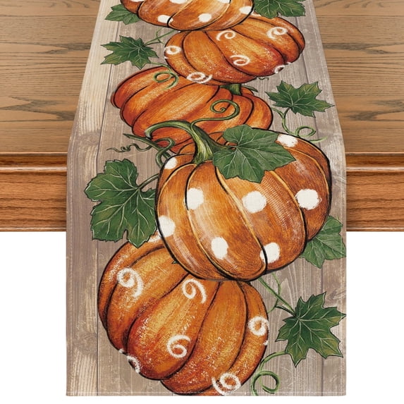 Sm:)e Polka Dot Pumpkins Vine Fall Table Runner, Seasonal Autumn Thanksgiving Kitchen Dining Table Decoration for Home Party Decor 13x48 Inch