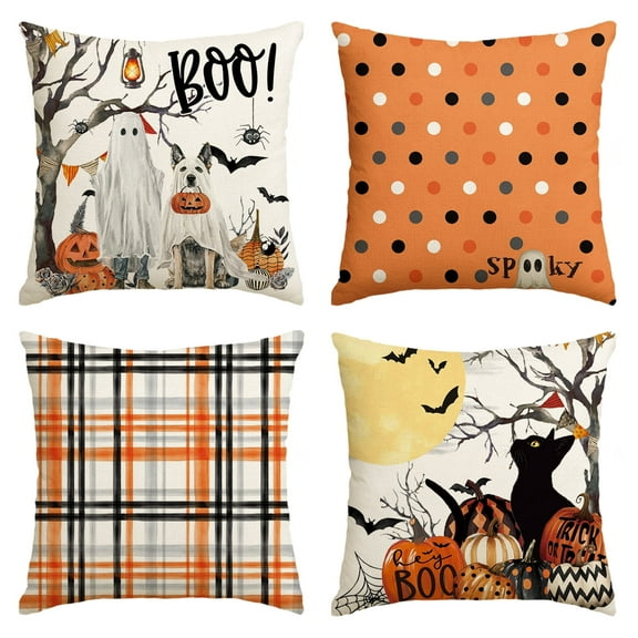 Sm:)e Polka Dot Striped Black Cat Boo Ghost Halloween Throw Pillow Cover 18 x 18 Inch Decorative Outdoor Cushion Covers Set of 4