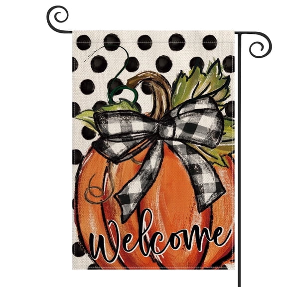 Sm:)e Polka Dot Watercolor Pumpkin Bow Fall Garden Flag 12 x 18 Inch, Double Sided, Burlap Yard Outdoor Decor