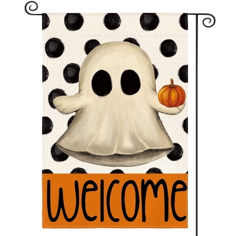 Sm:)e Polka Dot Welcome Ghost Halloween Garden Flag 12 x 18 Inch, Double-Sided Printing, Outdoor Welcome Decor for Yards