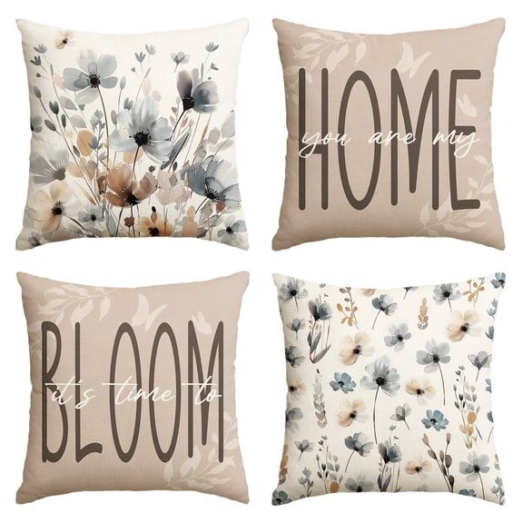 Sm:)e Poppy Flower Spring Pillow Cover Set of 4 - 18x18 Inch Polyester Decorative Cushions