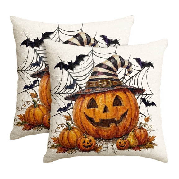 Sm:)e Pumpkin Bat Spider Web Halloween Pillow Covers 18x18 Inch Set of 2, Cushion Covers for Sofa Home Decor