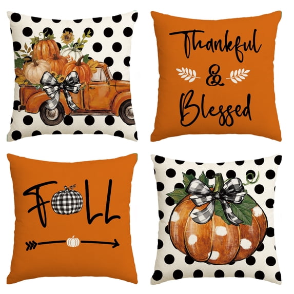 Sm:)e Pumpkin Bow Dot Truck Fall Throw Pillow Covers, 18 x 18 Inch Autumn Flower Vases Thankful Grateful Blessed Harvest Floral Orange Decorations for Sofa Couch Set of 4