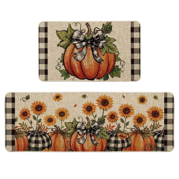 Sm:)e Pumpkin Bow Sunflower Linen Fall Kitchen Rugs and Mats, 17x29Inch and 17x47 Inch, Non Slip Mat for Porch Patio Hallway