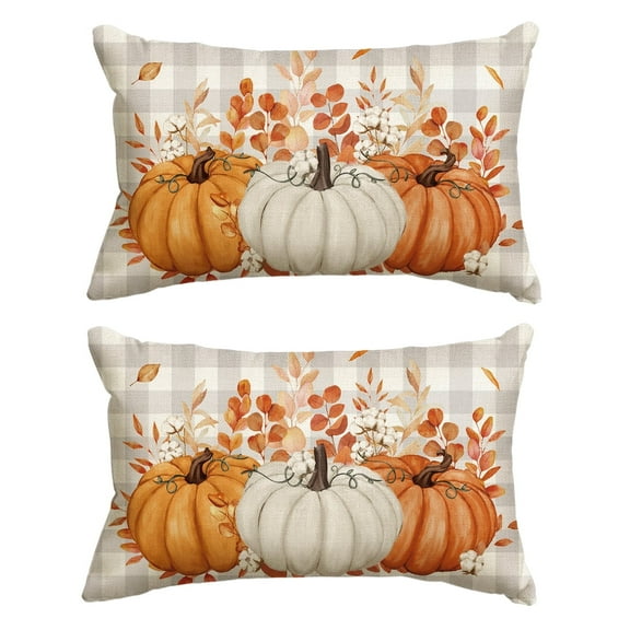Sm:)e Pumpkin Buffalo Plaid Orange Fall Throw Pillow Cover Set of 2, 12x20 Inch Seasonal Autumn Thanksgiving Harvest Decoration for Home Sofa Couch