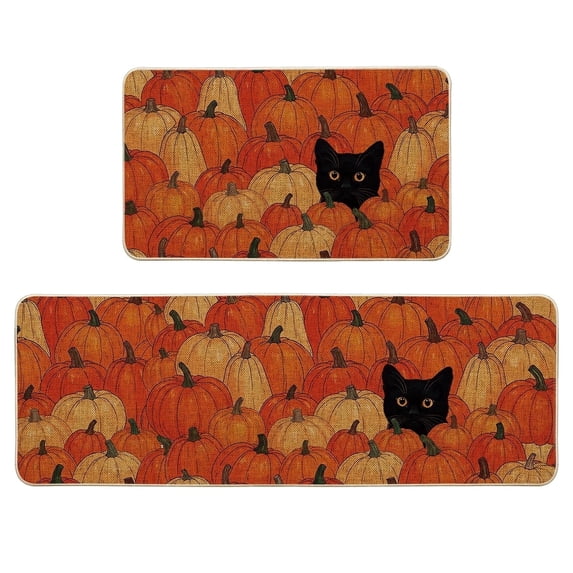 Sm:)e Pumpkin Cat Linen Fall Kitchen Rugs and Mats, 17x29Inch and 17x47 Inch, Non Slip Mat for Porch Patio Hallway