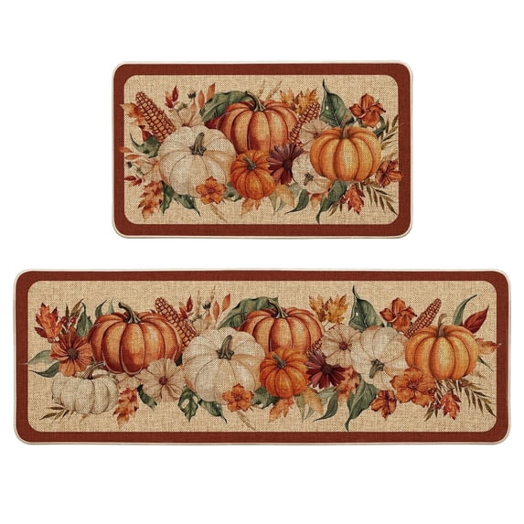 Sm:)e Pumpkin Corn Linen Fall Kitchen Rugs and Mats, 17x29Inch and 17x47 Inch, Non Slip Mat for Porch Patio Hallway