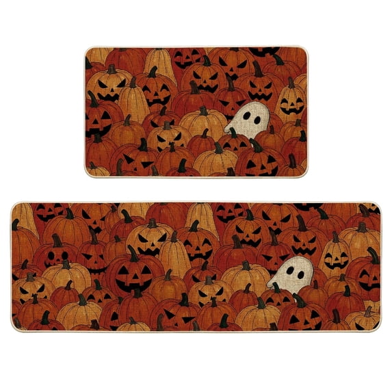 Sm:)e Pumpkin Ghost Halloween Kitchen Rugs and Mats, 17x29Inch and 17x47 Inch, Non Slip Mat for Porch Patio Hallway