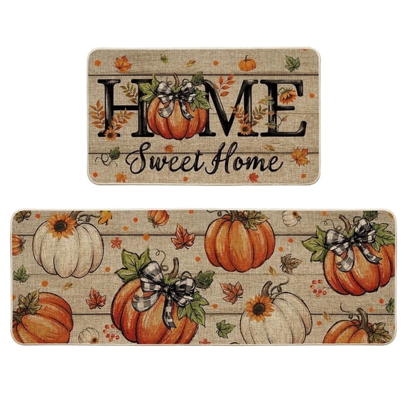 Sm:)e Pumpkin Maple Leaf Sweet Home Linen Fall Kitchen Rugs and Mats, 17x29Inch and 17x47 Inch, Non Slip Mat for Porch Patio Hallway