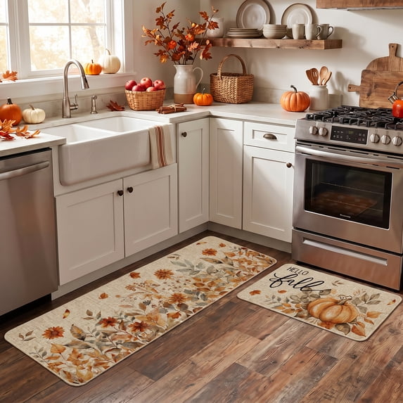Sm:)e Pumpkin Sunflowers Hello Fall Kitchen Mats Set of 2, Autumn Home Decor Low-Profile Kitchen Rugs for Floor - 17x29 and 17x47 Inch