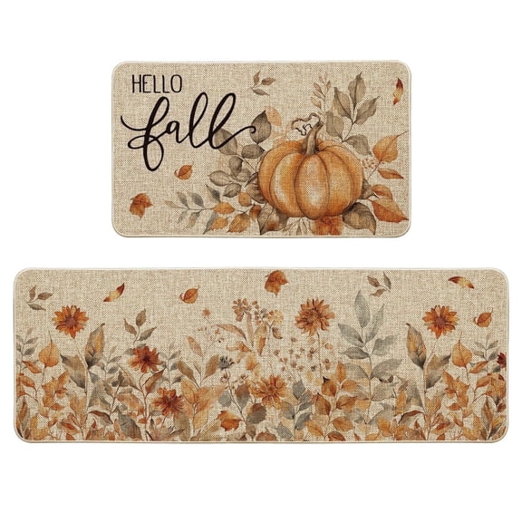 Sm:)e Pumpkin Sunflowers Hello Fall Kitchen Mats Set of 2, Autumn Home Decor Low-Profile Kitchen Rugs for Floor - 17x29 and 17x47 Inch