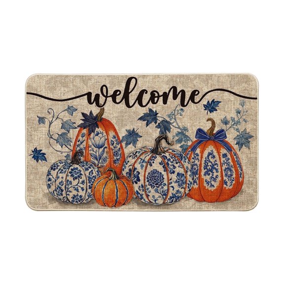 Sm:)e Pumpkin Welcome Fall Doormat 17x29 Inch, Non Slip Linen Door Mat Inside Washable Entryway Rug for Porch Patio Hallway