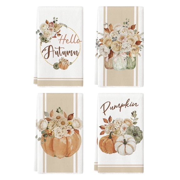 Sm:)e Pumpkins Hello Autumn Fall Kitchen Dish Towels 4 Set 18 x 26 Inch