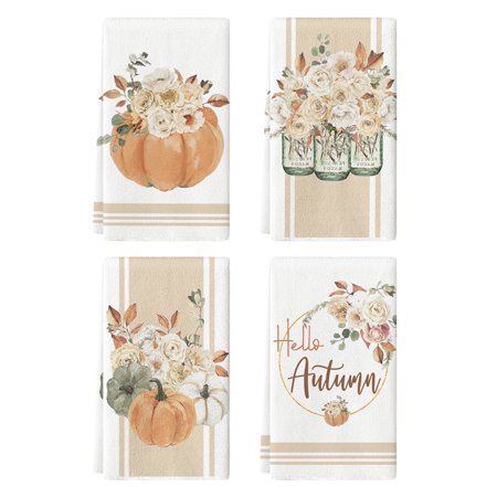 Sm:)e Pumpkins Hello Autumn Fall Kitchen Dish Towels 4 Set 18 x 26 Inch