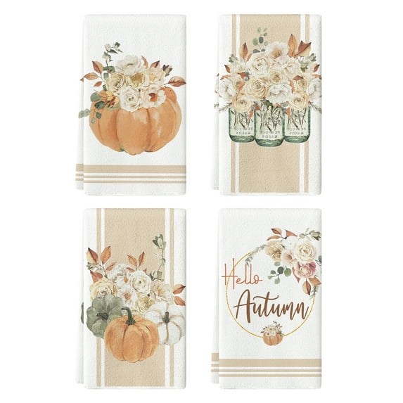 Sm:)e Pumpkins Hello Autumn Fall Kitchen Dish Towels 4 Set 18 x 26 Inch