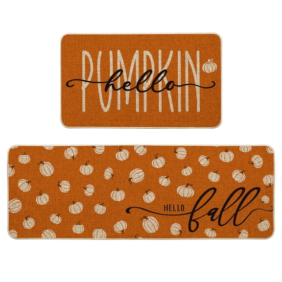 Sm:)e Pumpkins Hello Fall Kitchen Mats 2 Set 17 x 29 and 17 x 47 Inch, Orange