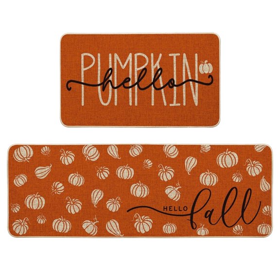 Sm:)e Pumpkins Hello Fall Kitchen Mats 2 Set 17 x 29 and 17 x 47 Inch, Orange