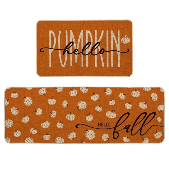 Sm:)e Pumpkins Hello Fall Kitchen Mats 2 Set 17 x 29 and 17 x 47 Inch, Orange