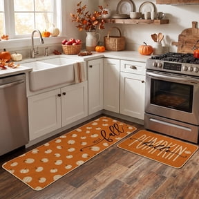 Sm:)e Pumpkins Hello Fall Kitchen Mats 2 Set 17 x 29 and 17 x 47 Inch, Orange