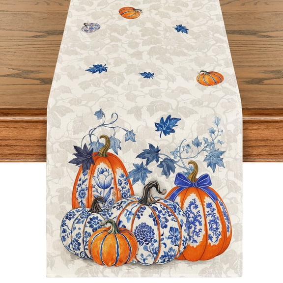 Sm:)e Pumpkins Maple Leaf Blue and White Porcelain Fall Table Runner 13x72 Inch, Seasonal Autumn Decor for Kitchen Dining Home Gathering